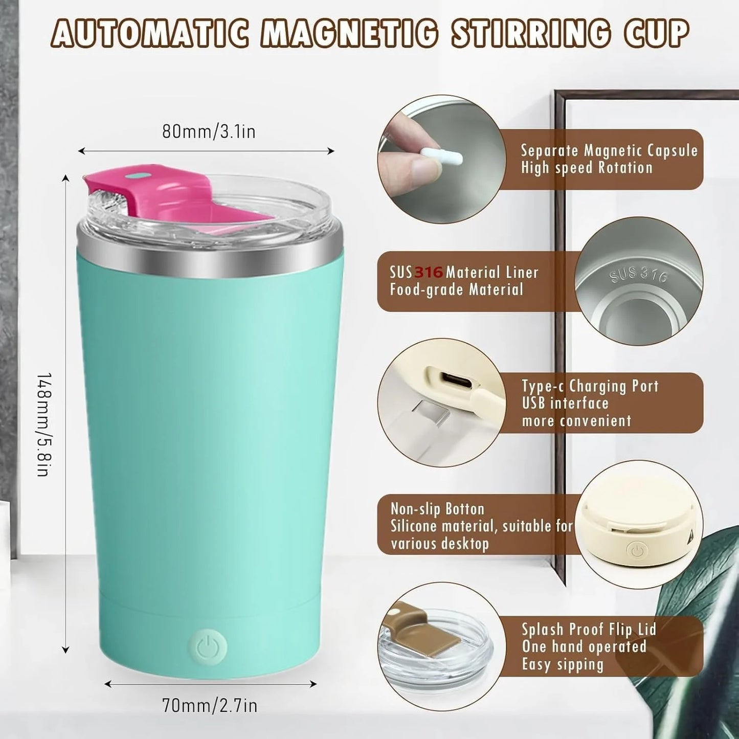 13.5 Oz Self Stirring Mug, Green Monochrome Electric High Speed Mixing Travel Coffee Mug