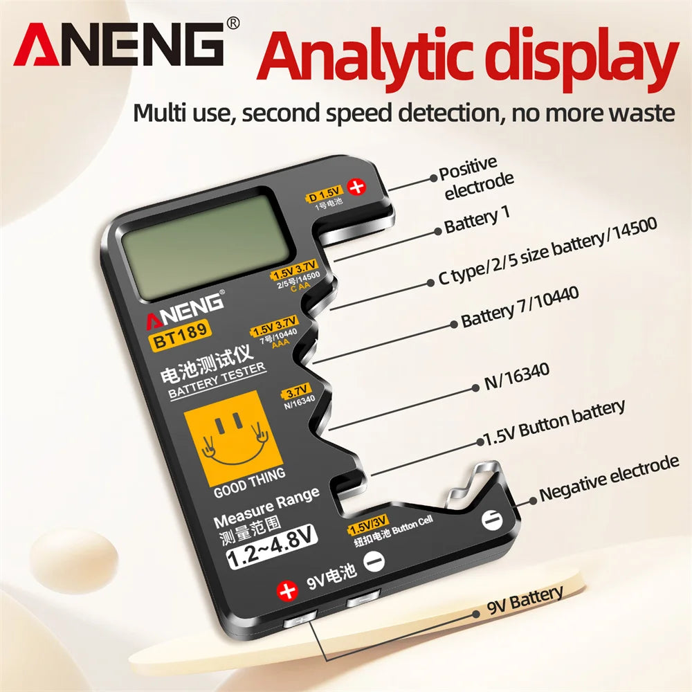 ANENG BT189 Universal Battery Tester 9V AA AAA Button Cell Battery Tester Detectors LCD Battery Indicator Gauge Checker Tools