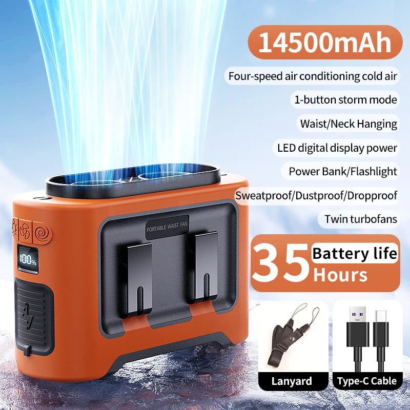 10,000mAh Hands-Free Waist & Neck Fan – 5 Speeds, Built-In Light, Up to 40 Hours Runtime for Camping, Travel & Outdoor Work