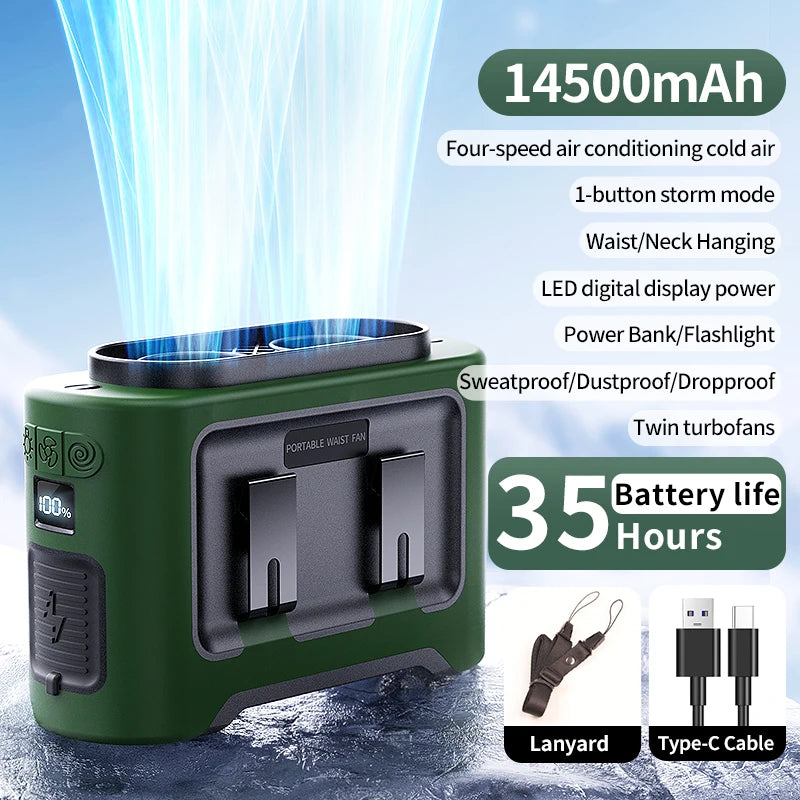 10,000mAh Hands-Free Waist & Neck Fan – 5 Speeds, Built-In Light, Up to 40 Hours Runtime for Camping, Travel & Outdoor Work