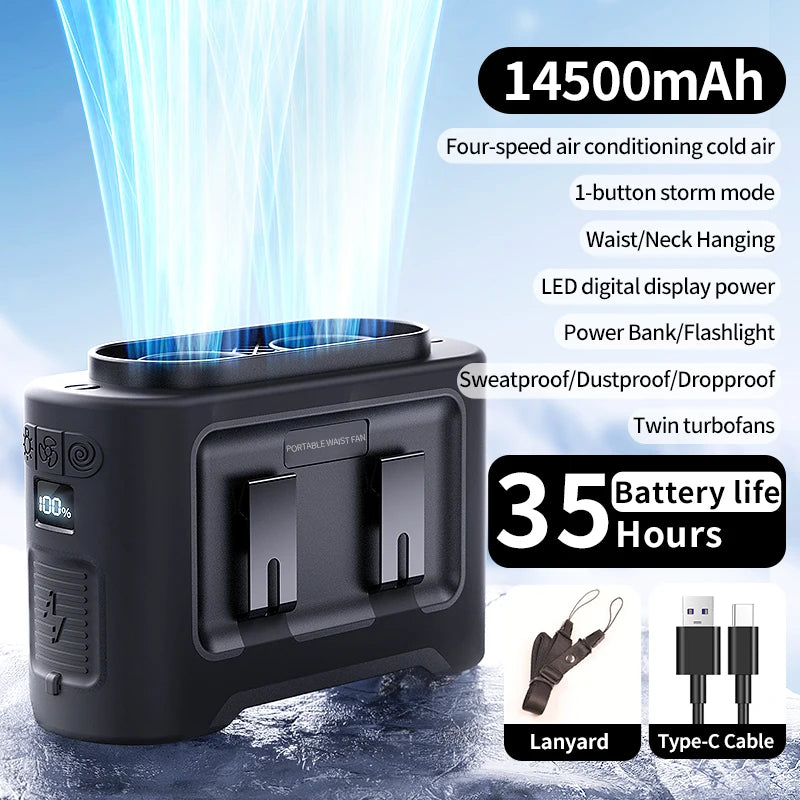 10,000mAh Hands-Free Waist & Neck Fan – 5 Speeds, Built-In Light, Up to 40 Hours Runtime for Camping, Travel & Outdoor Work