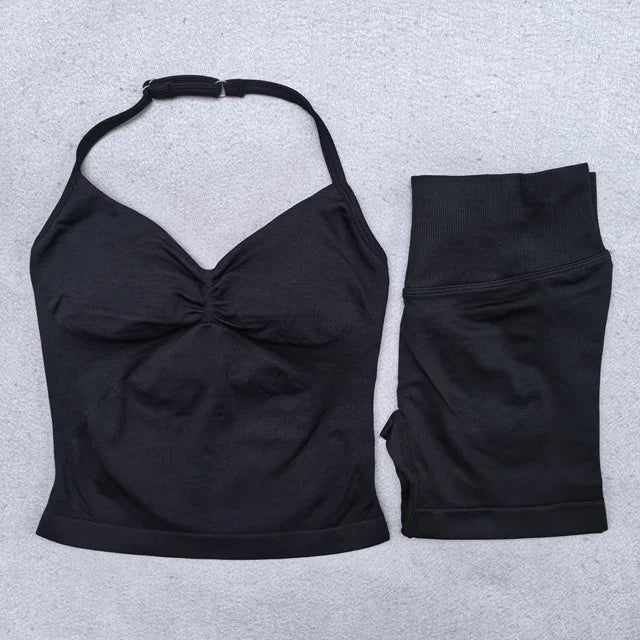 Seamless 2-Piece Yoga Set - Adjustable Longline Top & Scrunch Shorts for Perfect Workout Performance