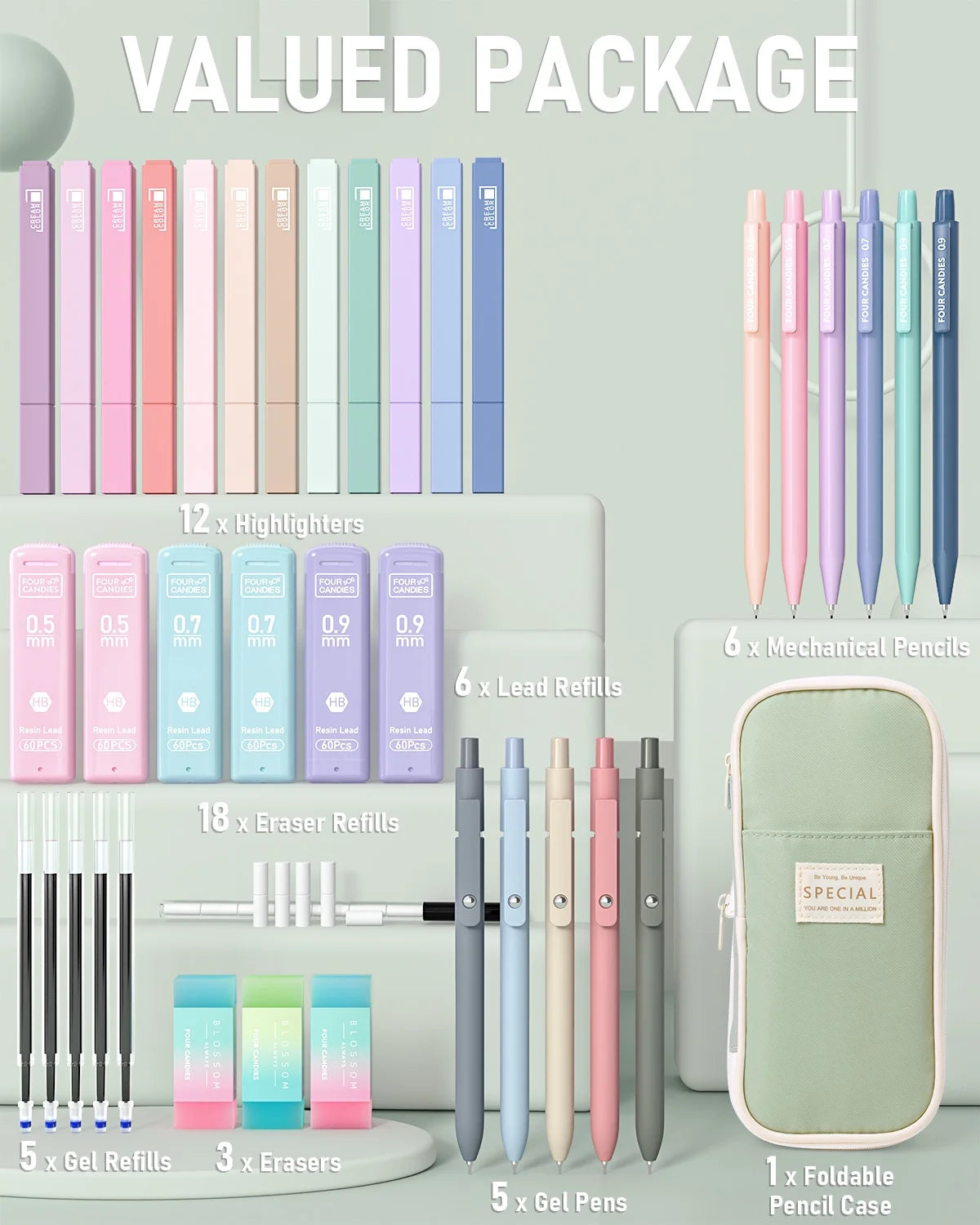 39 PCS, 12 Highlighters, 5 Black Gel Pens, 6 Mechanical Pencil Set 0.5 & 0.7 Mm for Stationary College Essentials (Green)