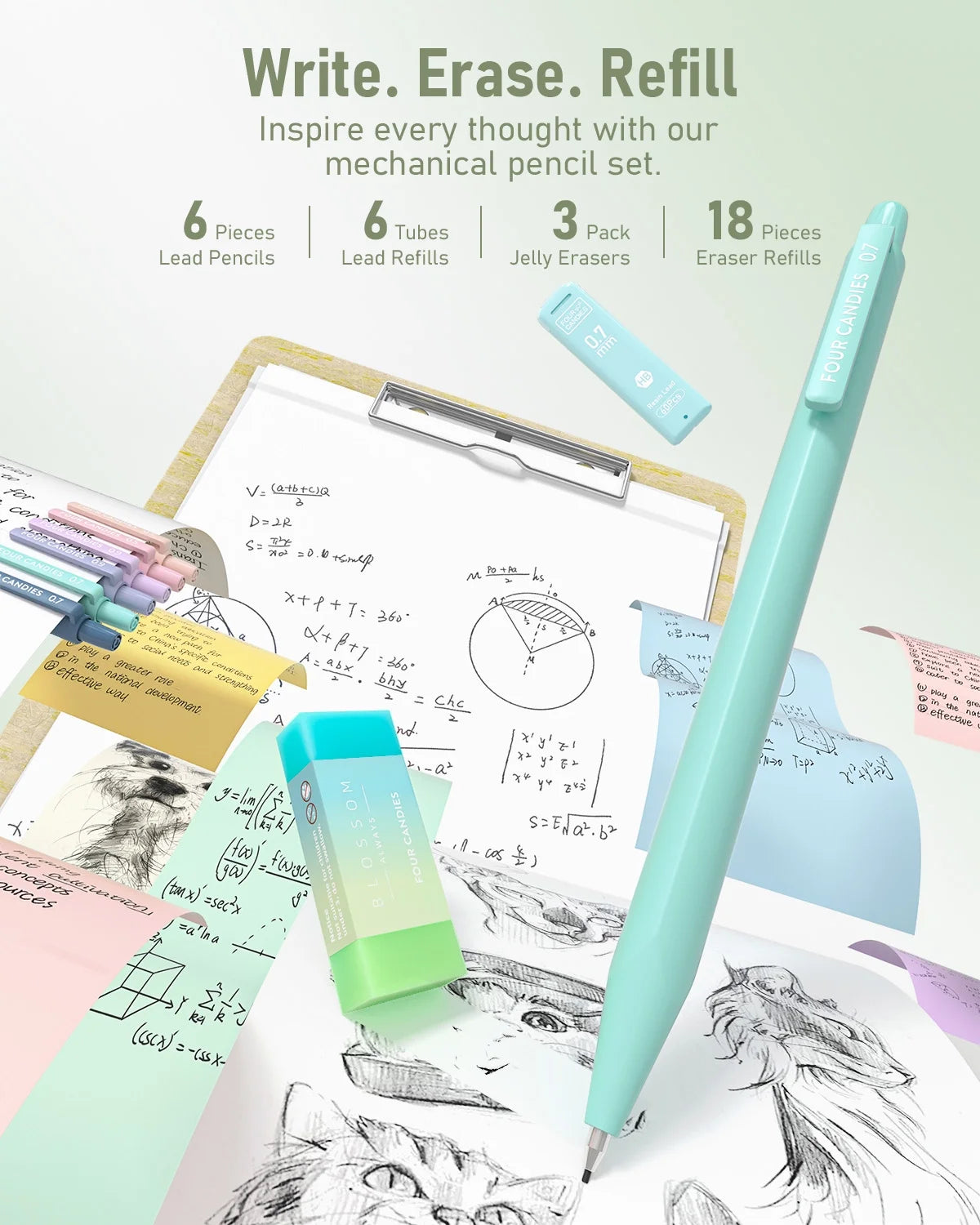 39 PCS, 12 Highlighters, 5 Black Gel Pens, 6 Mechanical Pencil Set 0.5 & 0.7 Mm for Stationary College Essentials (Green)