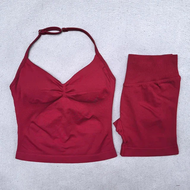 Seamless 2-Piece Yoga Set - Adjustable Longline Top & Scrunch Shorts for Perfect Workout Performance