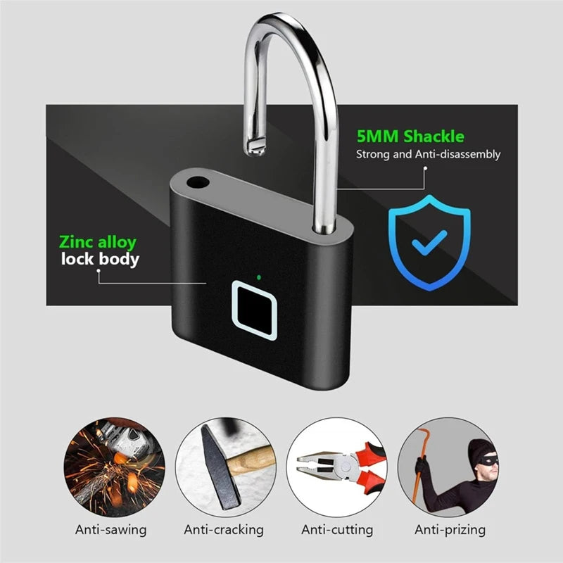 Keyless Smart Fingerprint Padlock USB Charging Fingerprint Lock Waterproof Door Lock 0.2Sec Unlock Security Padlock for House
