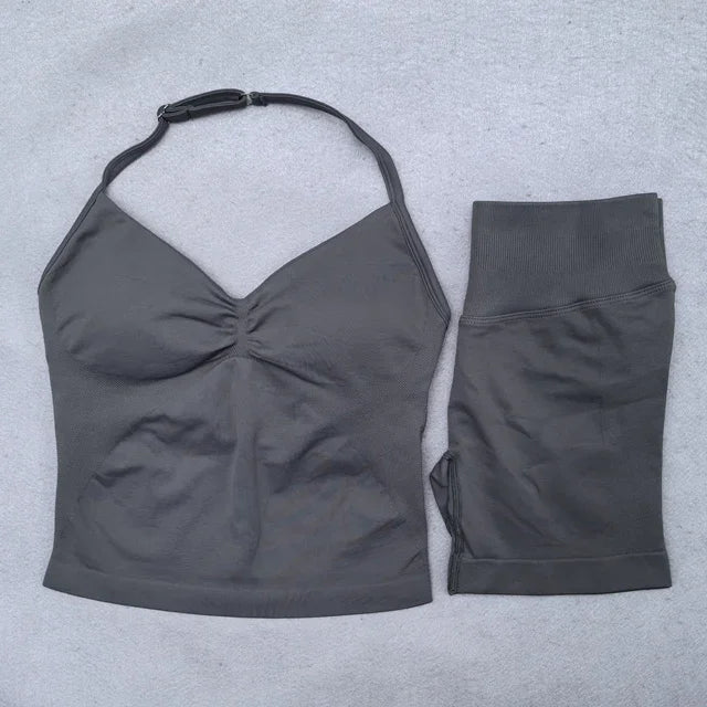 Seamless 2-Piece Yoga Set - Adjustable Longline Top & Scrunch Shorts for Perfect Workout Performance