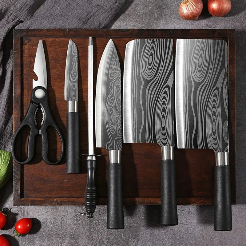 Laser Damascus Pattern Utility Kitchen Knives Scissors Sharpening Rod Set Stainless Steel Sharp Slicing Chef Knife Cooking Tool