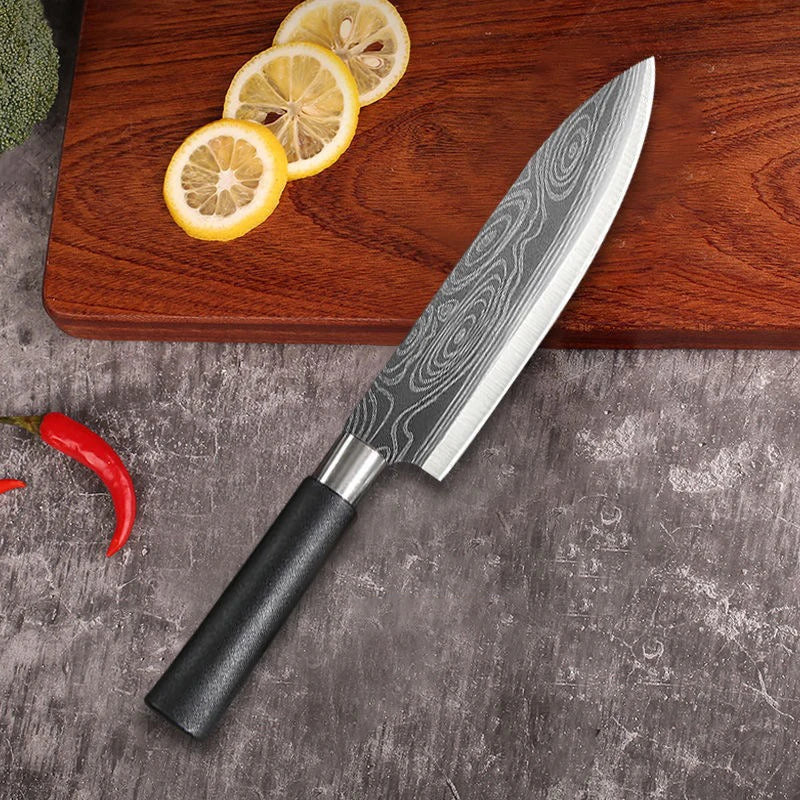 Laser Damascus Pattern Utility Kitchen Knives Scissors Sharpening Rod Set Stainless Steel Sharp Slicing Chef Knife Cooking Tool