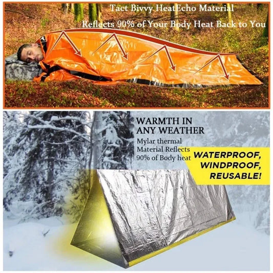 All-Weather Emergency Survival Sleeping Bag – Waterproof, Thermal Mylar Blanket Sack | Reusable & Compact for Camping, Hiking & Outdoor Adventures