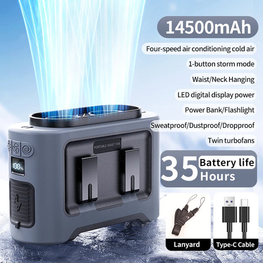 10,000mAh Hands-Free Waist & Neck Fan – 5 Speeds, Built-In Light, Up to 40 Hours Runtime for Camping, Travel & Outdoor Work