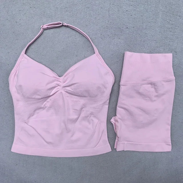 Seamless 2-Piece Yoga Set - Adjustable Longline Top & Scrunch Shorts for Perfect Workout Performance