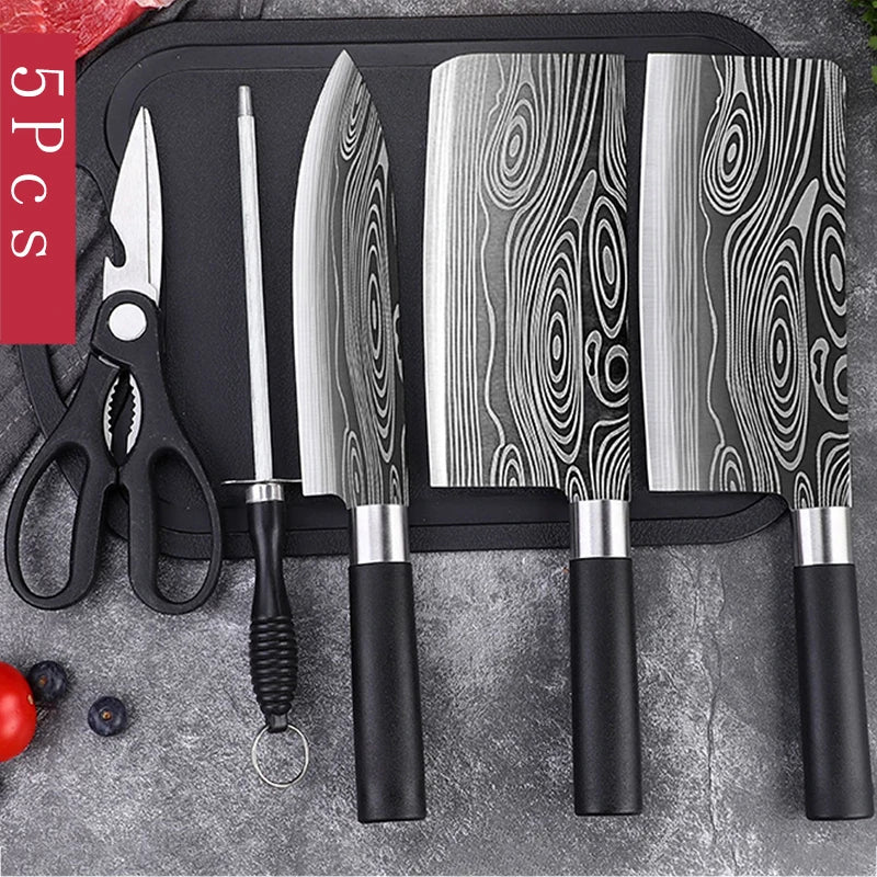 Laser Damascus Pattern Utility Kitchen Knives Scissors Sharpening Rod Set Stainless Steel Sharp Slicing Chef Knife Cooking Tool