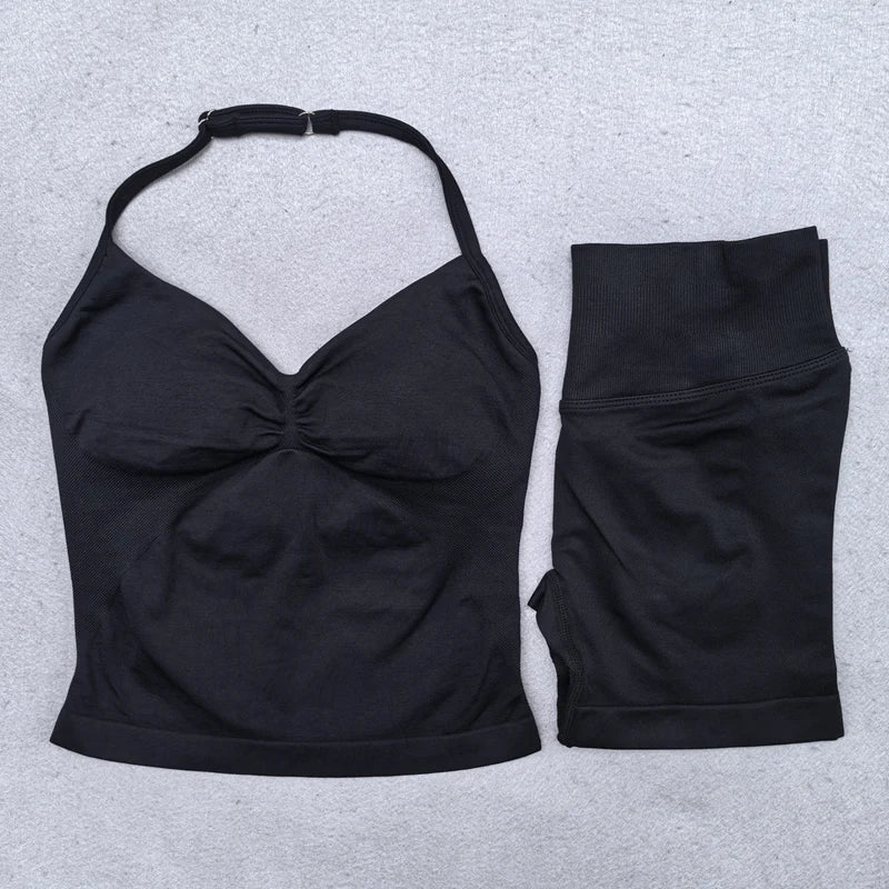 Seamless 2-Piece Yoga Set - Adjustable Longline Top & Scrunch Shorts for Perfect Workout Performance
