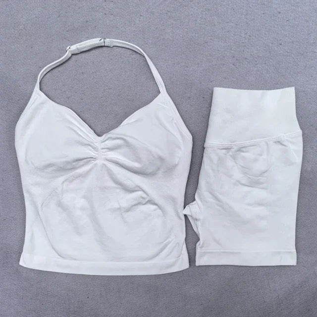 Seamless 2-Piece Yoga Set - Adjustable Longline Top & Scrunch Shorts for Perfect Workout Performance