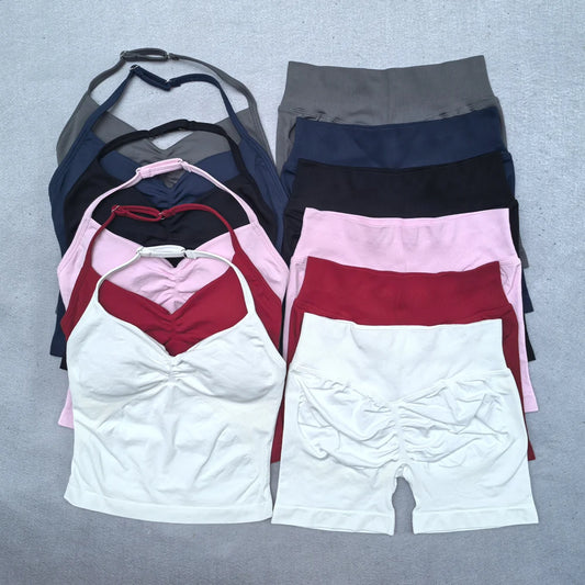 Seamless 2-Piece Yoga Set - Adjustable Longline Top & Scrunch Shorts for Perfect Workout Performance