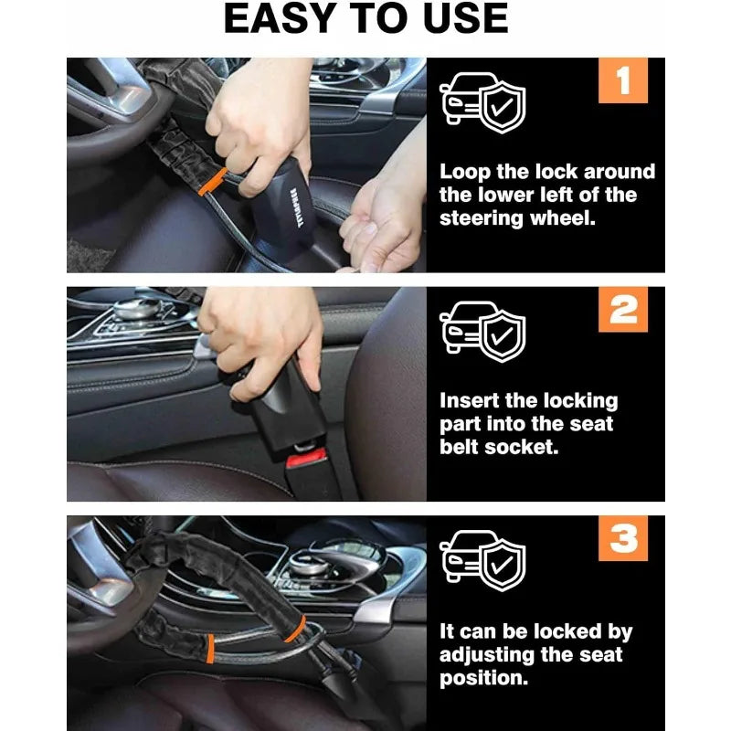 Vehicle Steering Wheel Lock with Seat Belt Socket Steel Rope for Truck SUV Van RV with 3 Keys Universal anti Theft Protection Device