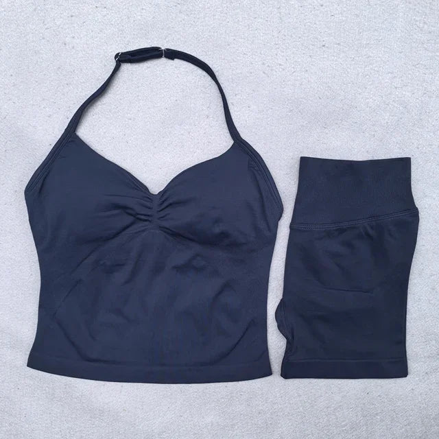 Seamless 2-Piece Yoga Set - Adjustable Longline Top & Scrunch Shorts for Perfect Workout Performance