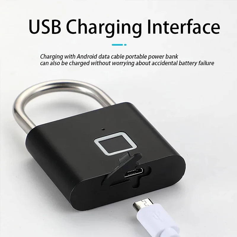 Keyless Smart Fingerprint Padlock USB Charging Fingerprint Lock Waterproof Door Lock 0.2Sec Unlock Security Padlock for House