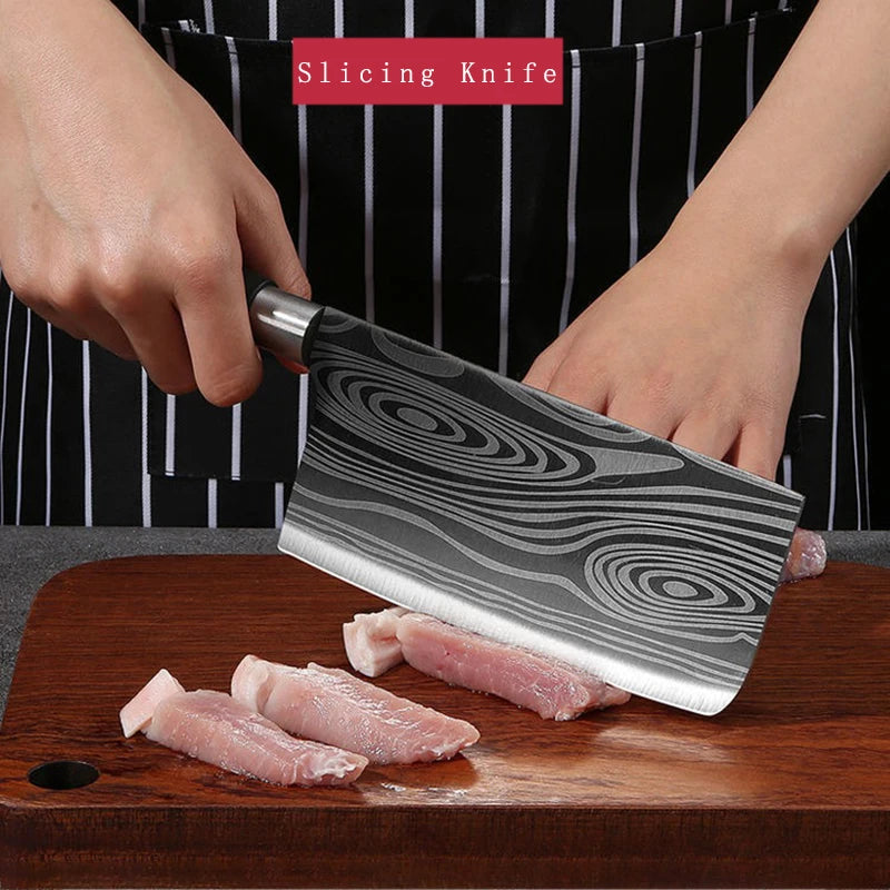 Laser Damascus Pattern Utility Kitchen Knives Scissors Sharpening Rod Set Stainless Steel Sharp Slicing Chef Knife Cooking Tool