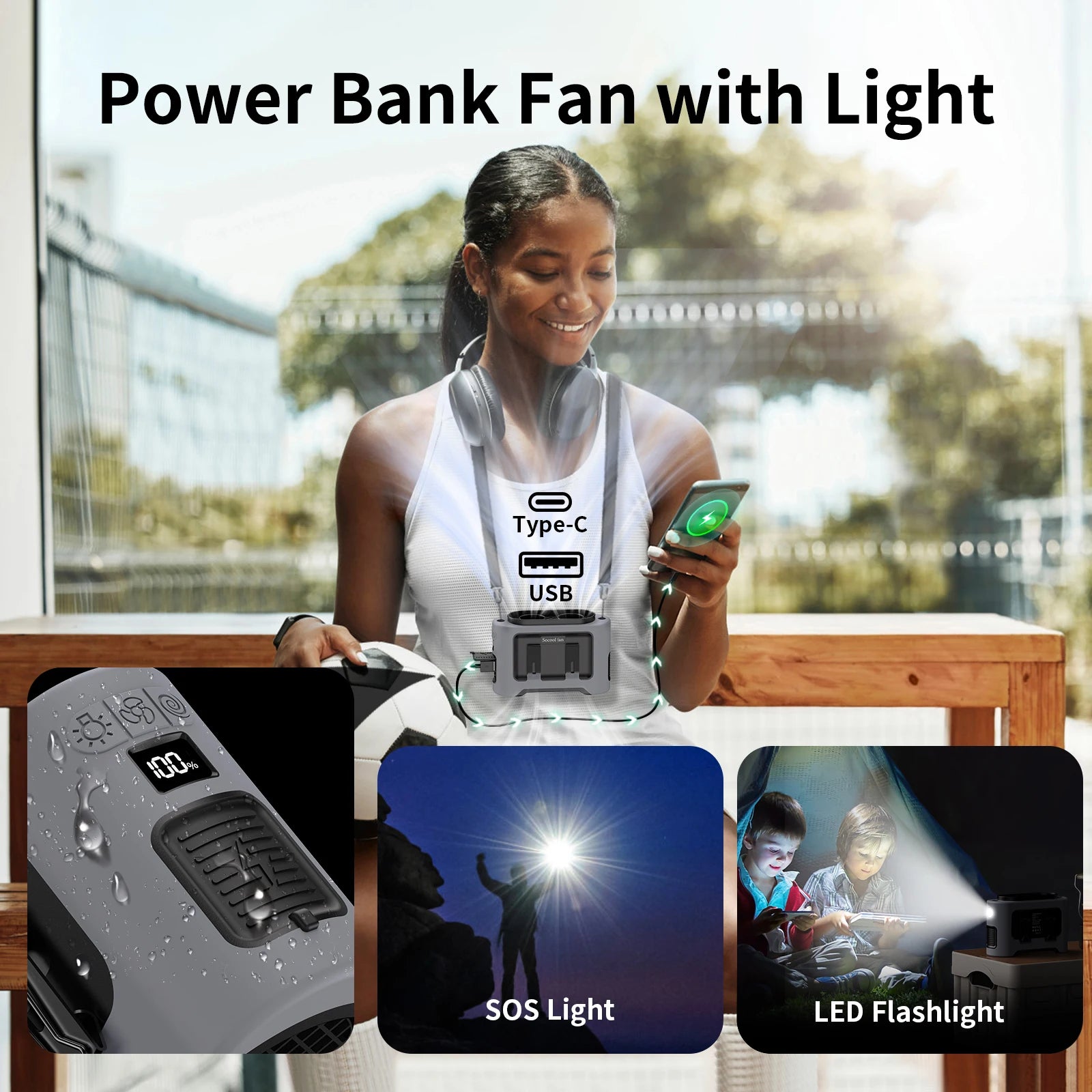 10,000mAh Hands-Free Waist & Neck Fan – 5 Speeds, Built-In Light, Up to 40 Hours Runtime for Camping, Travel & Outdoor Work