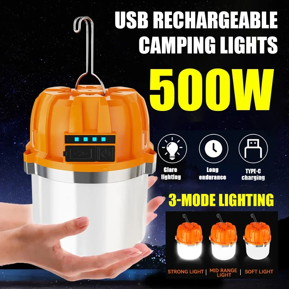 Ultra-Bright 500W Rechargeable LED Camping Lantern – Portable USB Lamp & Flashlight with Power Display, Perfect for Outdoors, Fishing, and Emergencies!