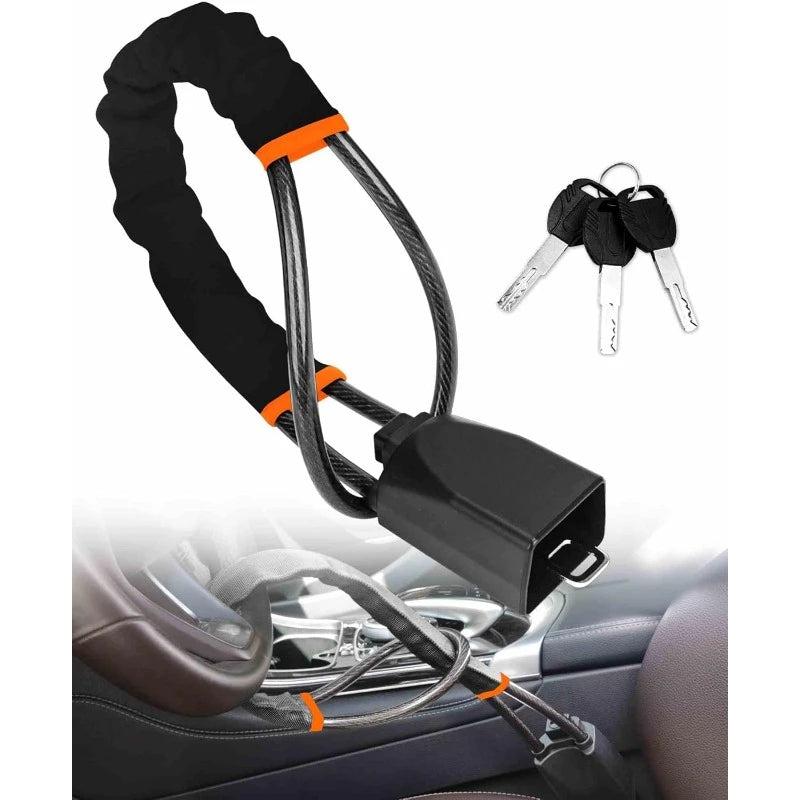 Vehicle Steering Wheel Lock with Seat Belt Socket Steel Rope for Truck SUV Van RV with 3 Keys Universal anti Theft Protection Device
