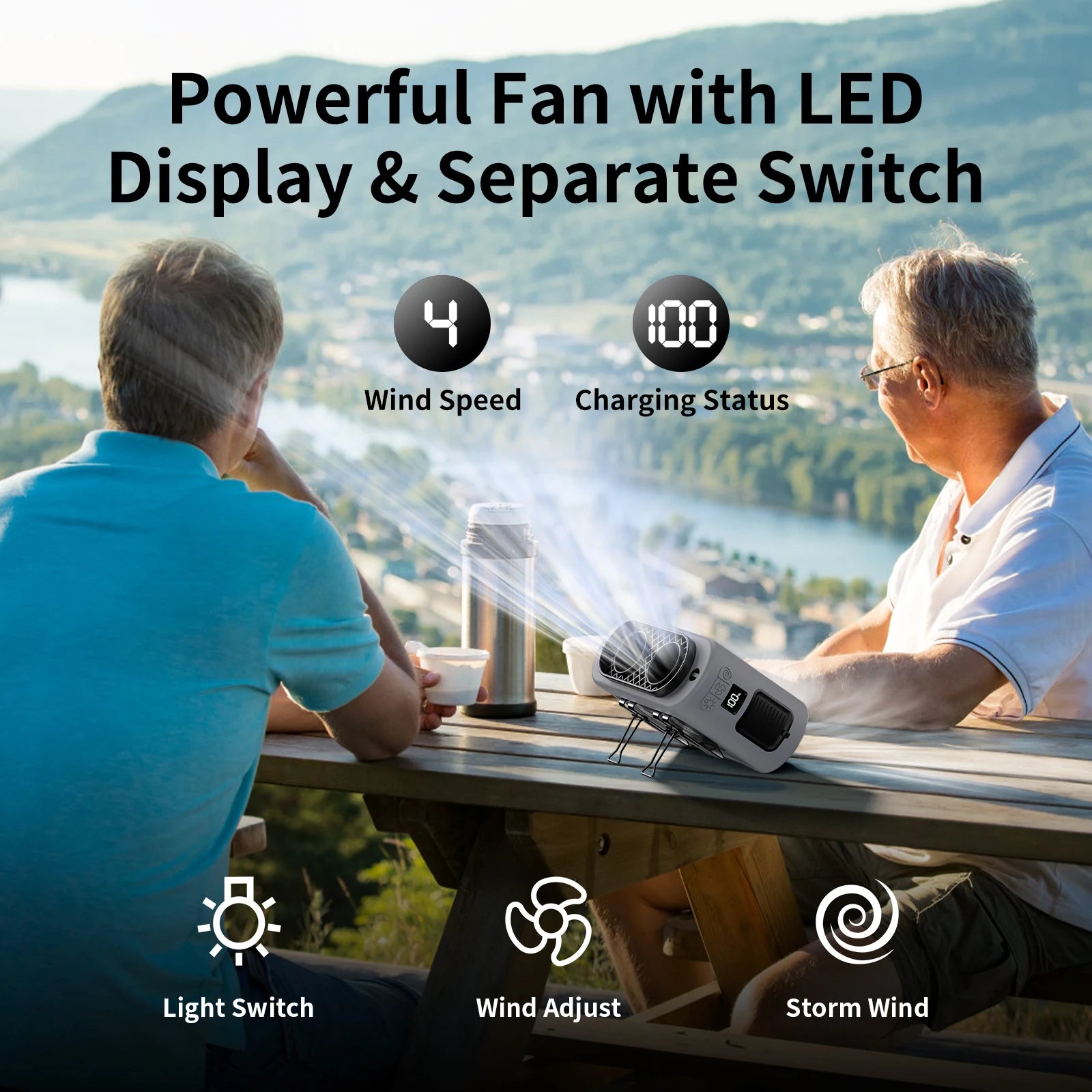 10,000mAh Hands-Free Waist & Neck Fan – 5 Speeds, Built-In Light, Up to 40 Hours Runtime for Camping, Travel & Outdoor Work