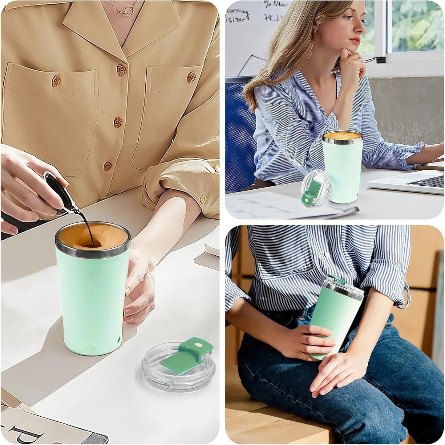 13.5 Oz Self Stirring Mug, Green Monochrome Electric High Speed Mixing Travel Coffee Mug